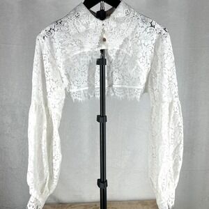 Vintage Style White Lace Cropped Topper High Low Romantic Sheer Layering Blouse